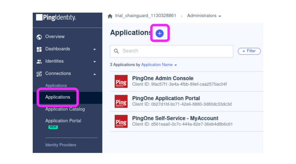 Screenshot of the Ping Identity Dashboard, showing the applications landing page. The Applications tab in the left hand sidebar and the &ldquo;add application&rdquo; plus sign icon are circled in magenta.