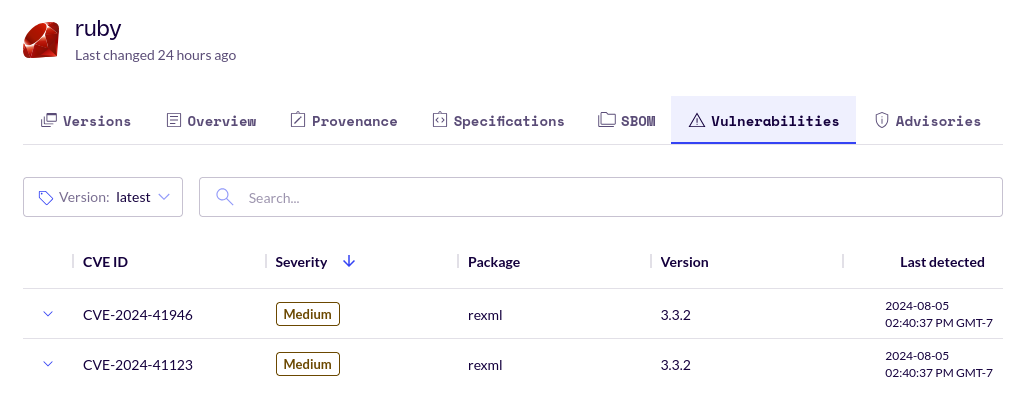 Screenshot of the ruby Image&rsquo;s &ldquo;Vulnerabilities&rdquo; tab, with &ldquo;latest&rdquo; selected in the version drop-down menu. The table shows two vulnerabilities: &ldquo;CVE-2024-41946&rdquo; and &ldquo;CVE-2024-41123&rdquo;, both with a &ldquo;Medium&rdquo; severity. These CVEs are associated with version 3.3.2 of the &ldquo;rexml&rdquo; package.