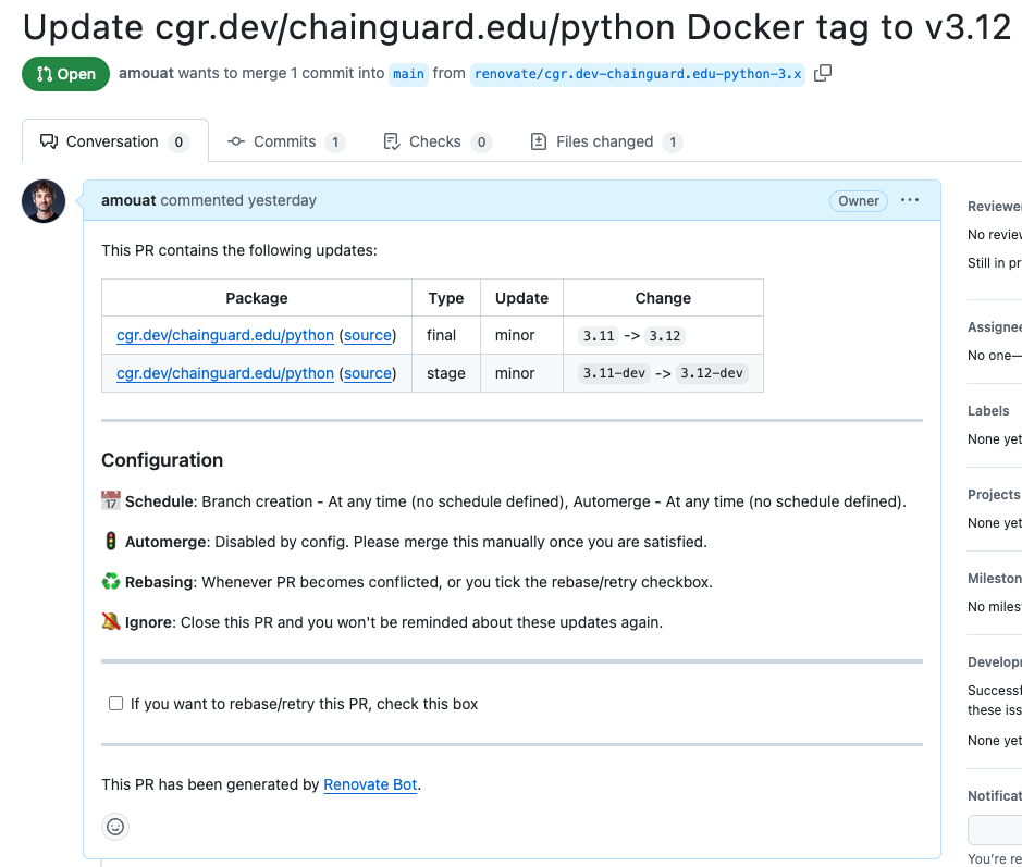 Screenshot showing GitHub PR from Renovate updating python version