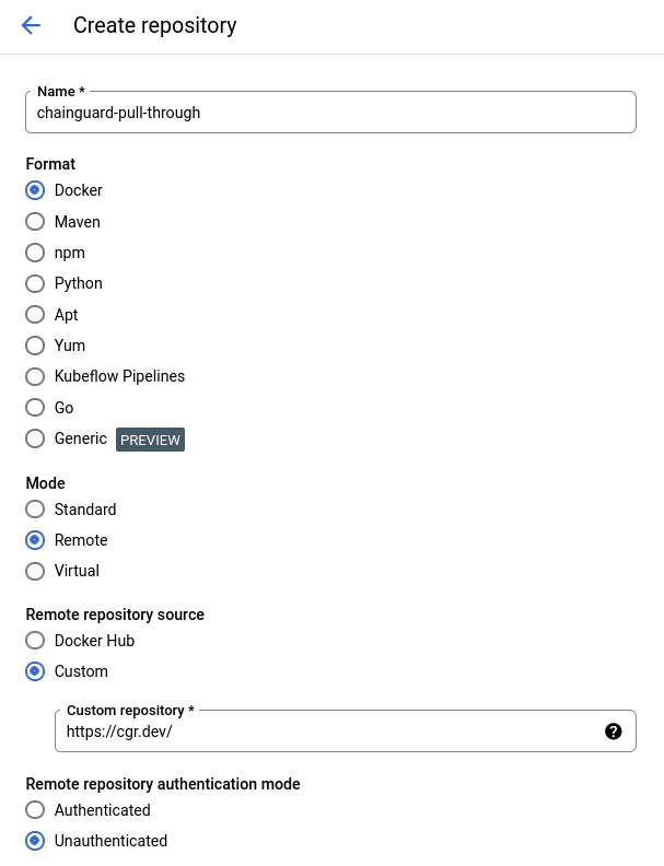 Screenshot of the Google Artifact Registry Repositories screen, showing the choices when you click the &ldquo;Create Repository&rdquo; button. It includes a &ldquo;Name&rdquo; field with the value &ldquo;chainguard-pull-through&rdquo;, the &ldquo;Docker&rdquo; format selected, &ldquo;Custom&rdquo; selected as the Remote repository source, and &ldquo;https://cgr.dev&rdquo; set as the custom repository. It also specifies the &ldquo;Unauthenticated&rdquo; authentication mode for the remote repository.