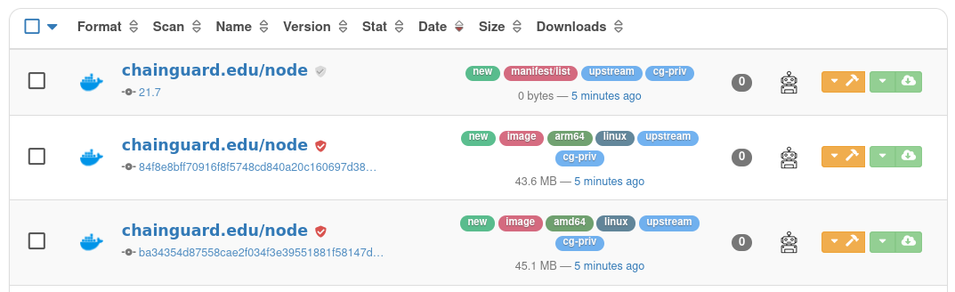 Screenshot of a portion of a Cloudsmith &ldquo;Repository&rdquo; page showing three node packages, each labeled &ldquo;chainguard.edu/node&rdquo;.